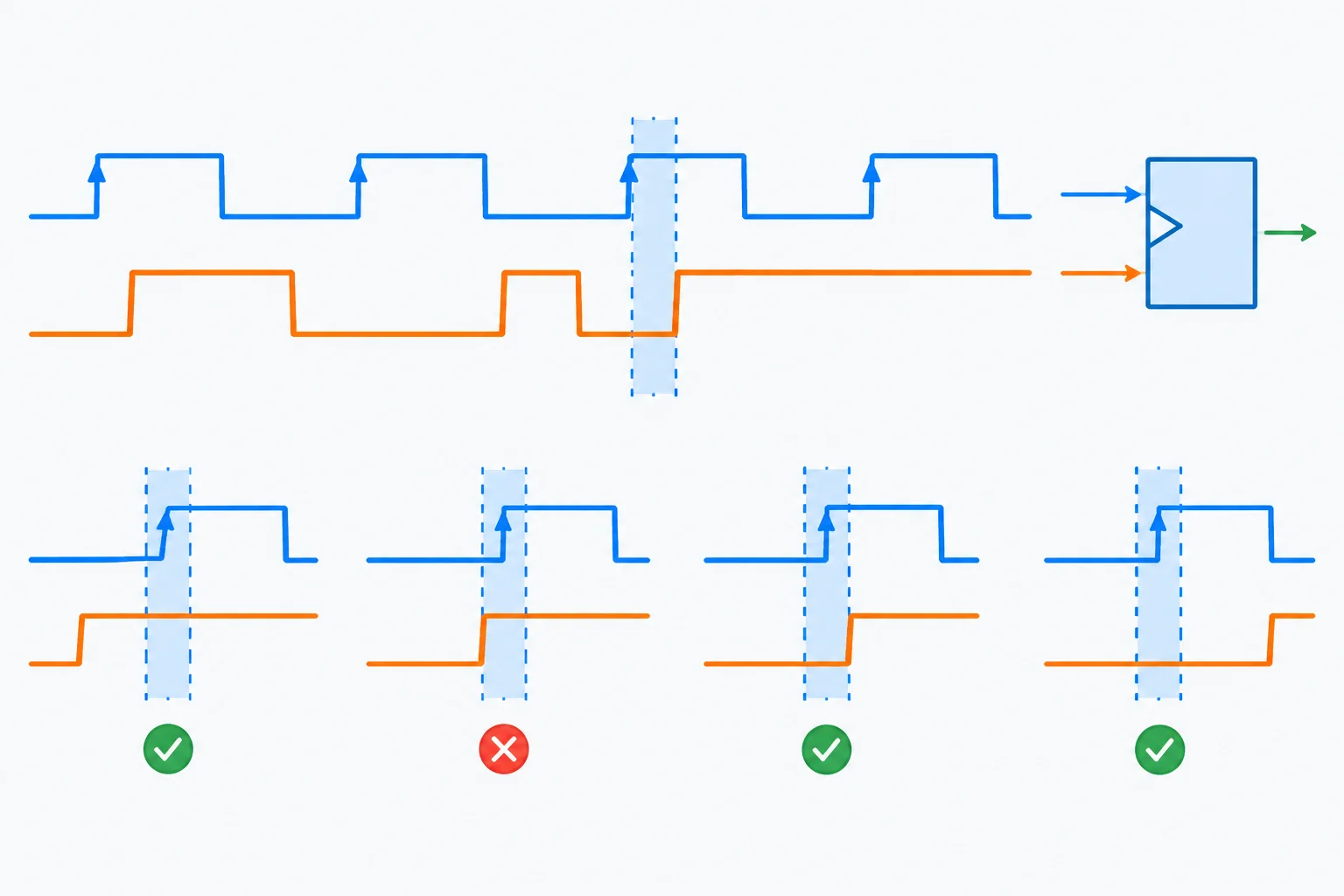 Diagrama temporal mostrando uma transição assíncrona que pode ocorrer em posições imprevisíveis em relação às bordas do clock.