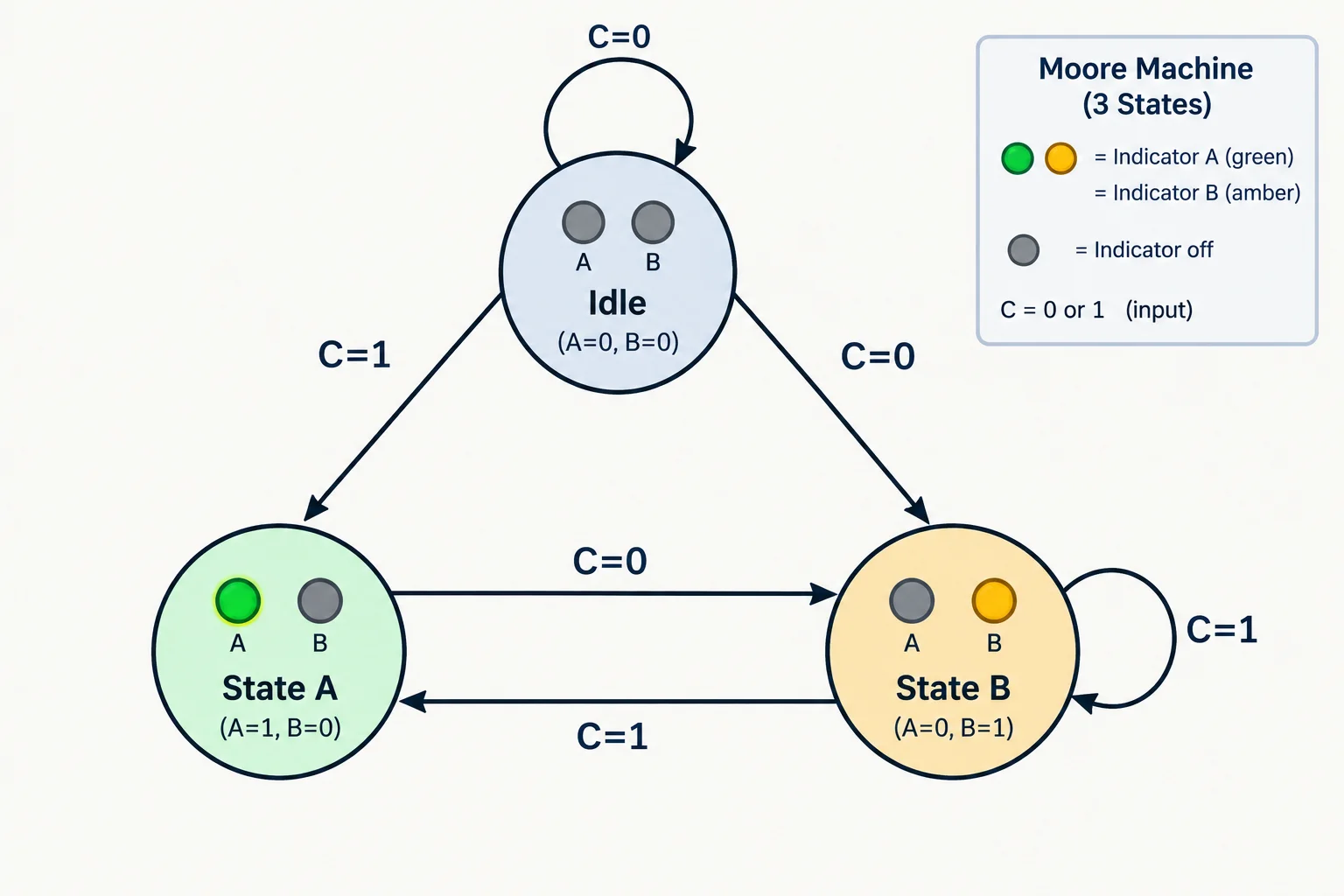 Diagrama com três nós: REPOUSO com A e B inativos, SINAL_A com A ativo e SINAL_B com B ativo; há setas entre os nós e laços em REPOUSO e SINAL_B.