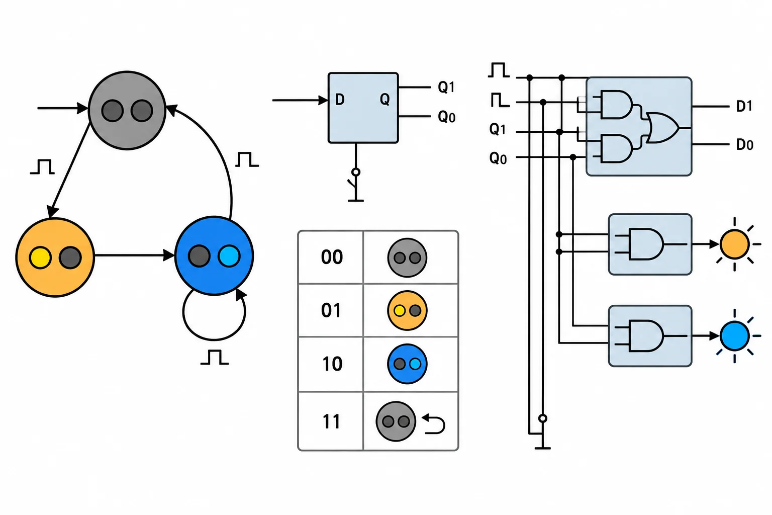 Diagrama visual da máquina com três estados, registrador de dois bits, recuperação de 11 e saídas de sinalização.