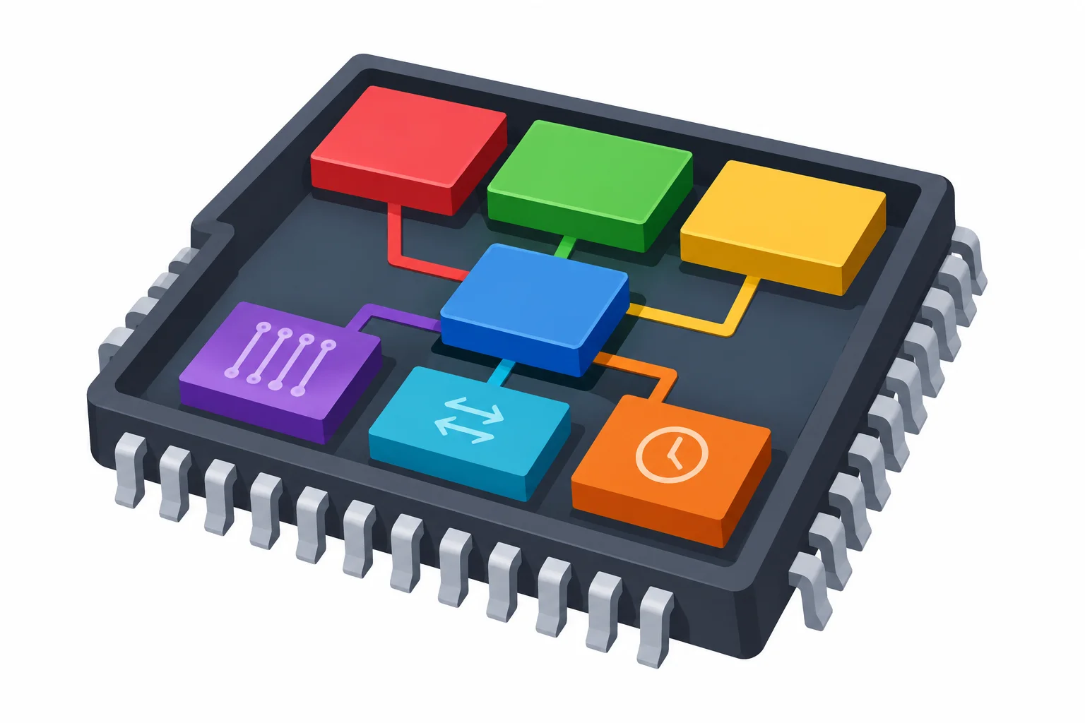 Diagrama de um chip de microcontrolador com um processador central ligado às memórias Flash, SRAM e EEPROM e a blocos de periféricos.