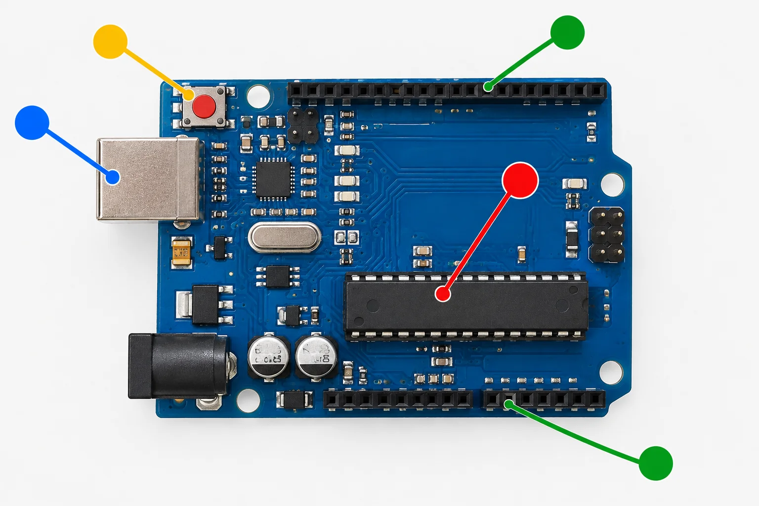 Vista superior de uma placa compatível com Arduino Uno R3. Marcadores coloridos apontam para o chip principal, o conector USB, o botão RESET e as fileiras de conectores.