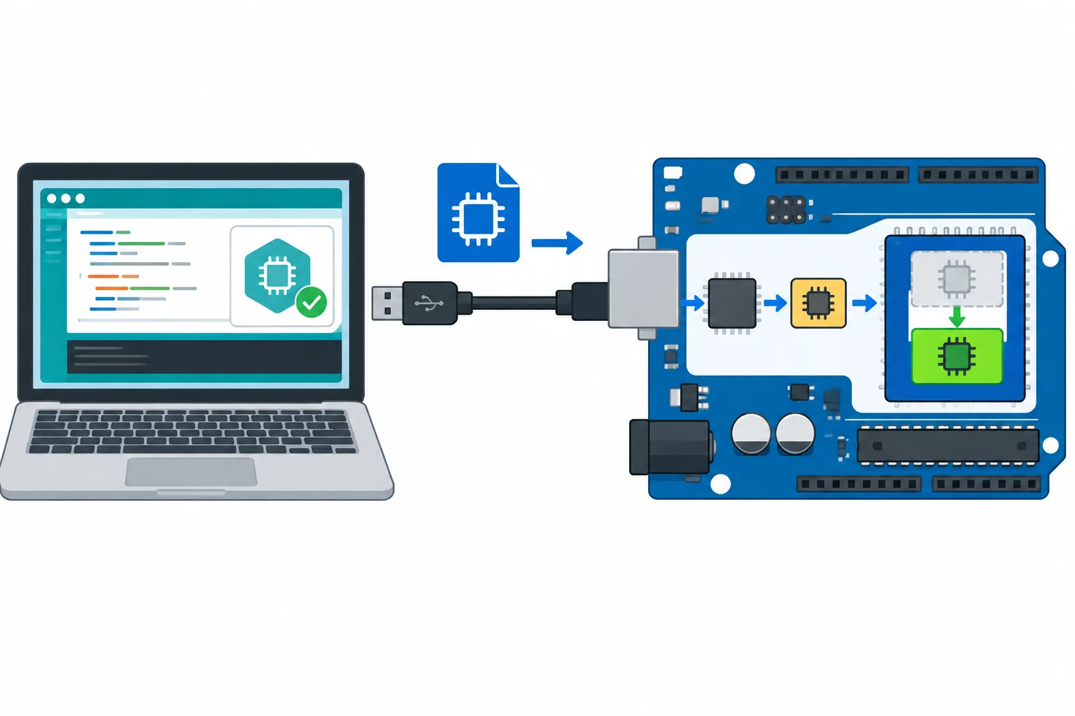 Diagrama mostrando o firmware saindo da IDE, passando pelo cabo USB e pela interface USB da placa até o bootloader, que o grava na Flash do ATmega328P.