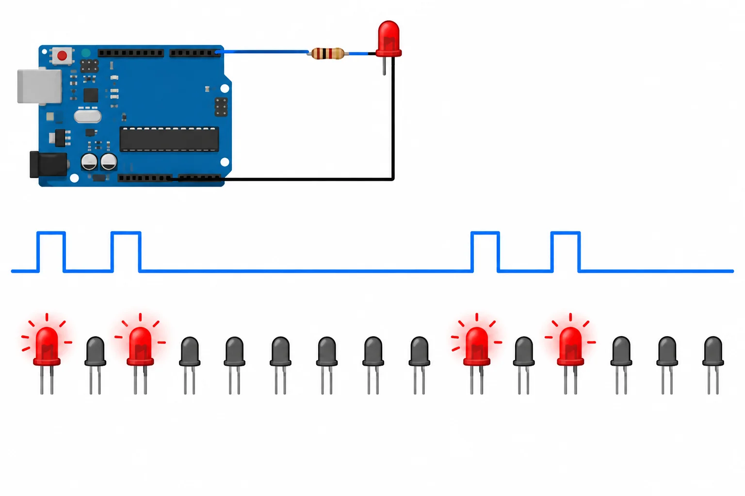 Diagrama temporal com dois intervalos curtos em nível alto, separados por um intervalo curto em nível baixo, seguidos por um intervalo baixo mais longo antes da repetição.