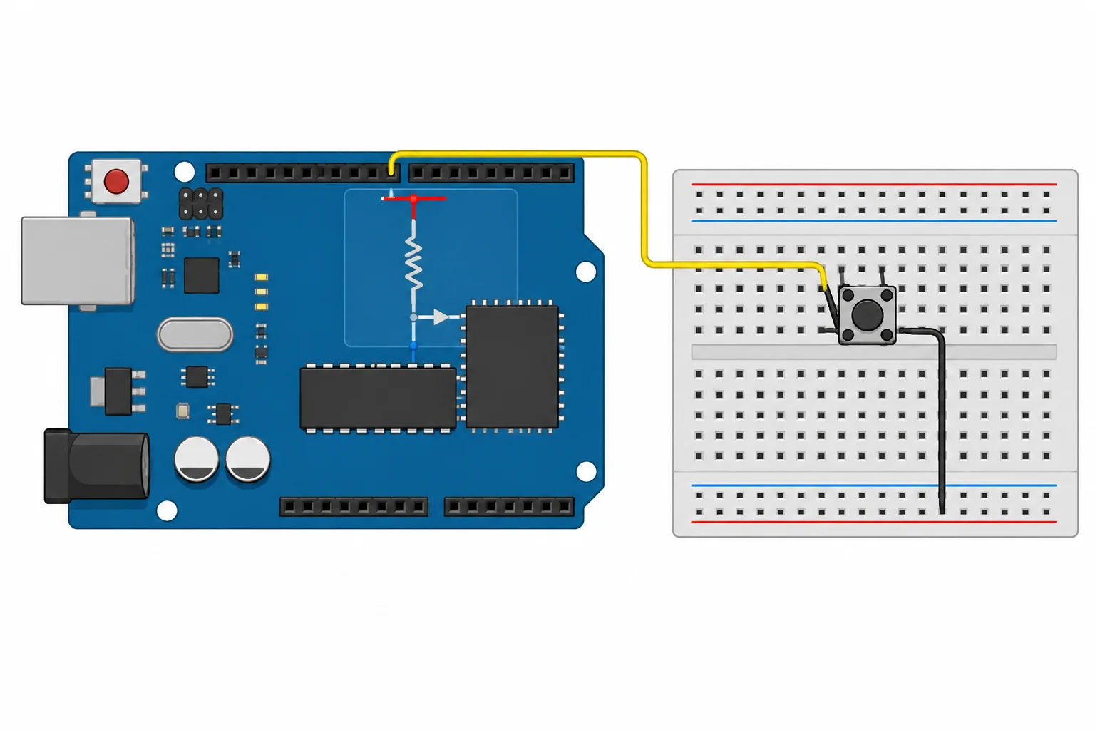 Diagrama de D2 ligado a um lado do botão e GND ao outro, com um resistor de pull-up interno ligado à entrada.