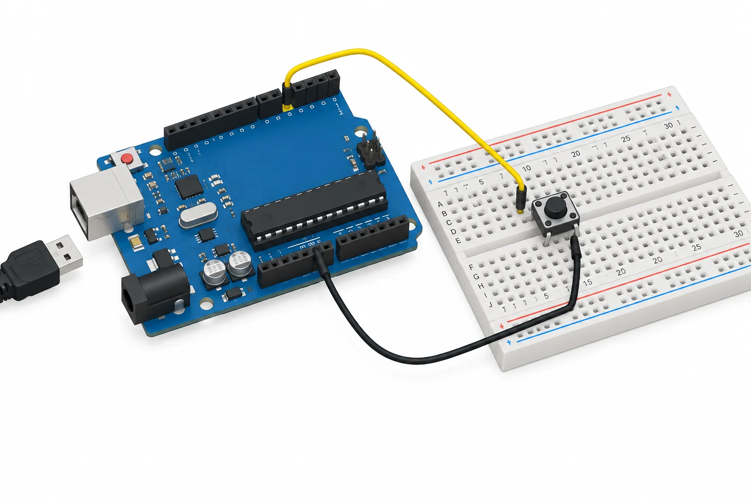 Diagrama do Uno R3 desenergizado com um botão na protoboard ligado entre D2 e GND; os pinos 0 e 1 estão sem fios.
