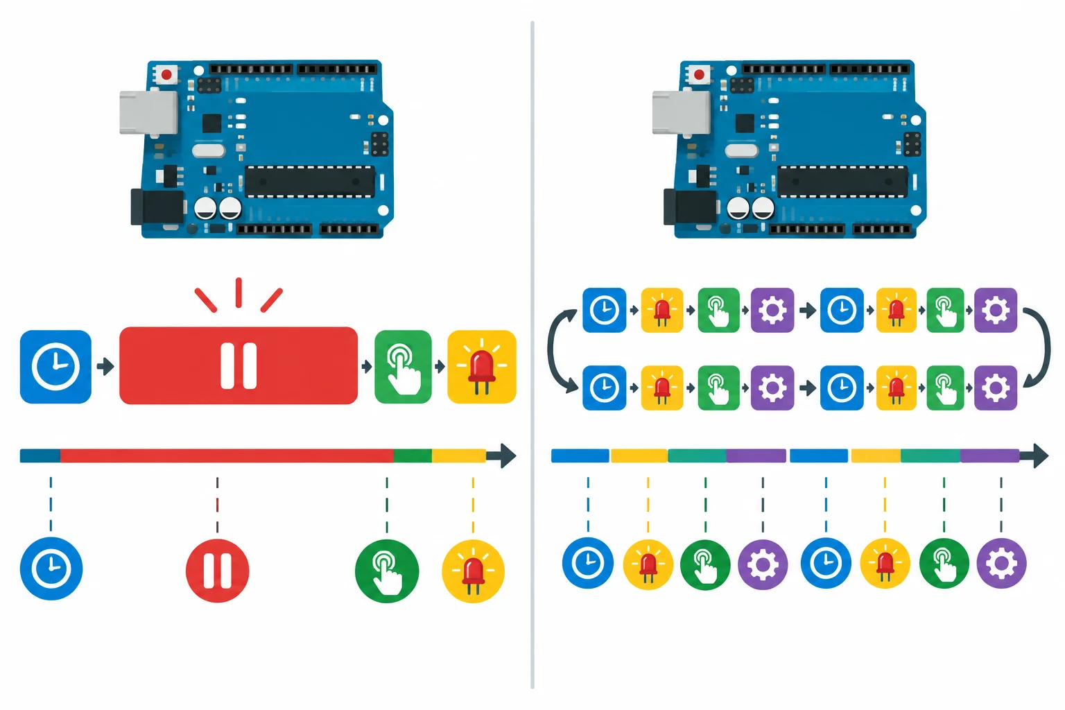 Comparação entre um fluxo bloqueado por uma longa espera e um fluxo que repete verificações curtas e outras tarefas.