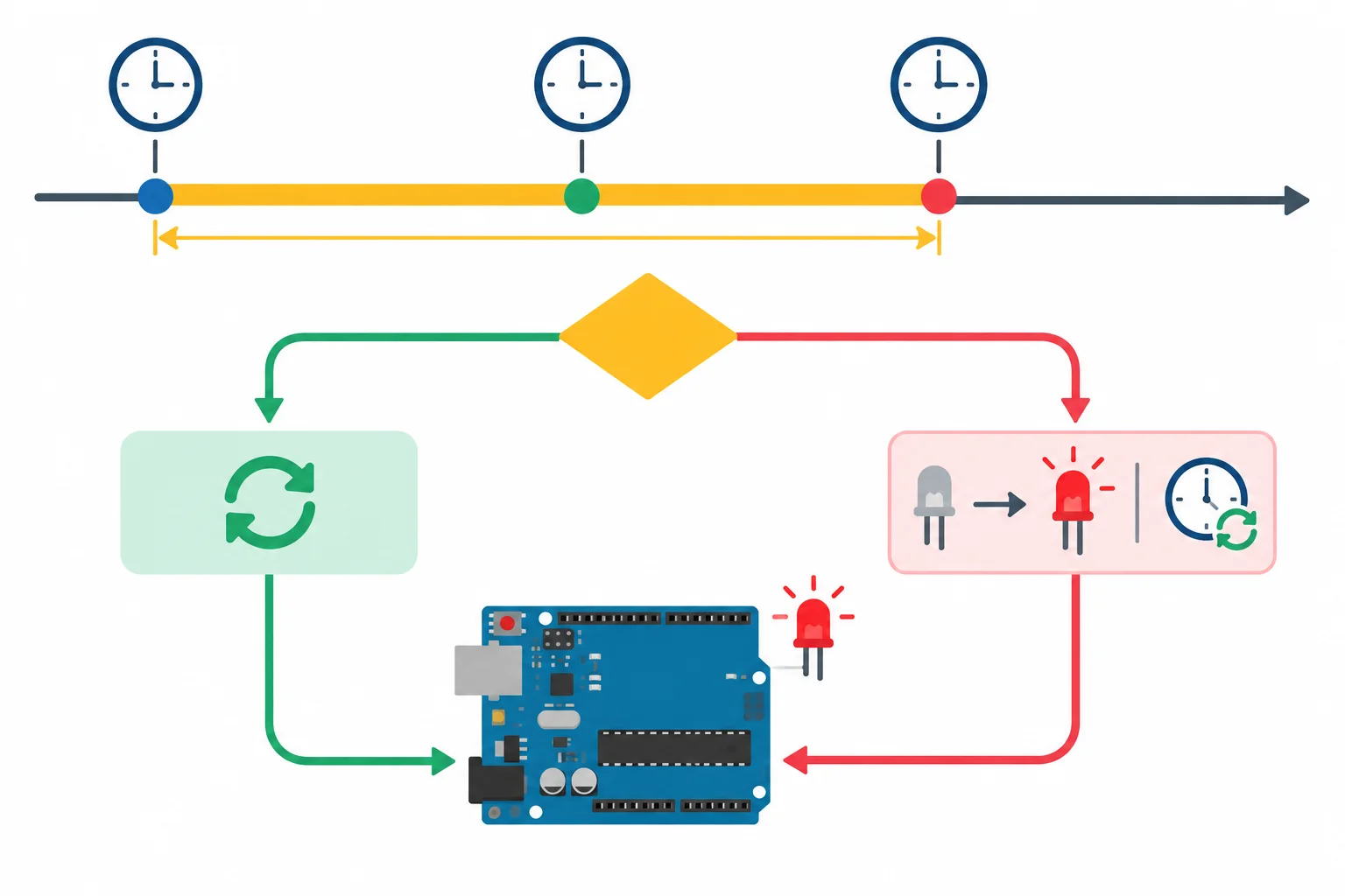 Diagrama de uma linha do tempo: quando o tempo decorrido ainda é menor que o intervalo, o loop segue; ao atingir ou ultrapassar o intervalo, o LED alterna e a referência é atualizada.