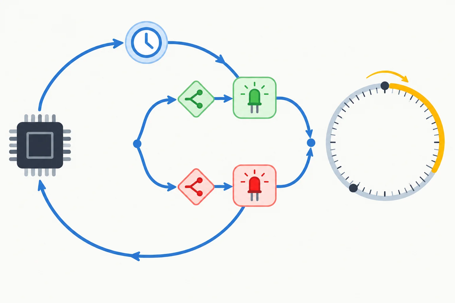 Diagrama com uma leitura de relógio seguida por dois ramos independentes para dois LEDs e uma escala circular mostrando a passagem da contagem máxima para zero.