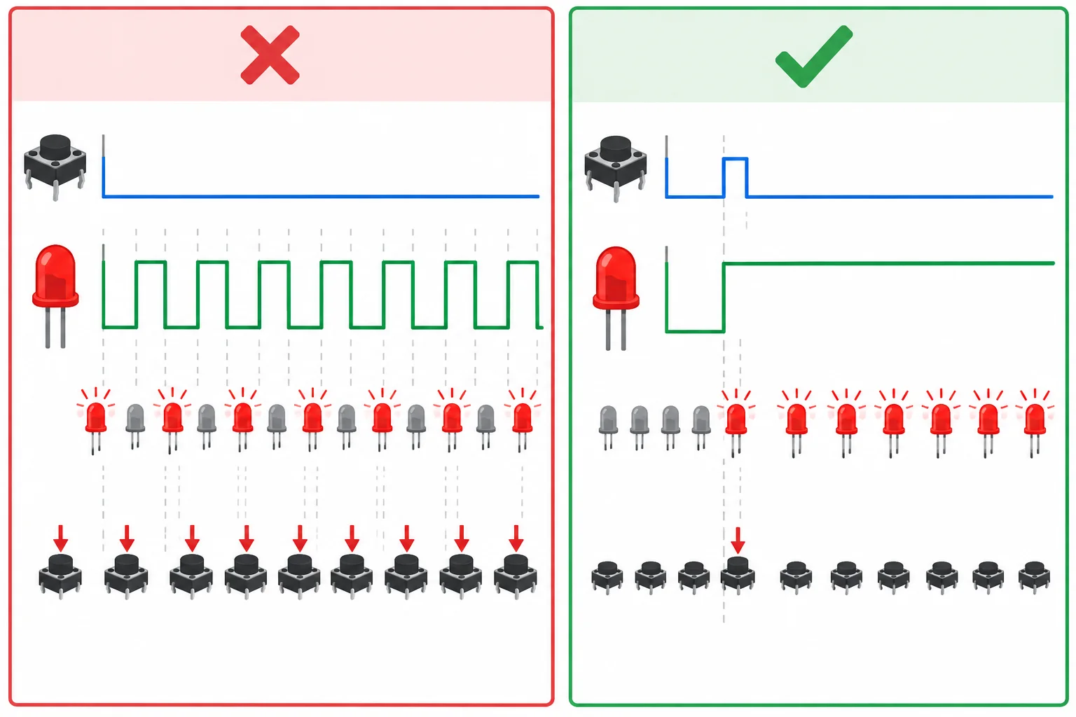 Comparação entre alternar repetidamente ao testar o nível pressionado e alternar uma vez ao usar um evento.