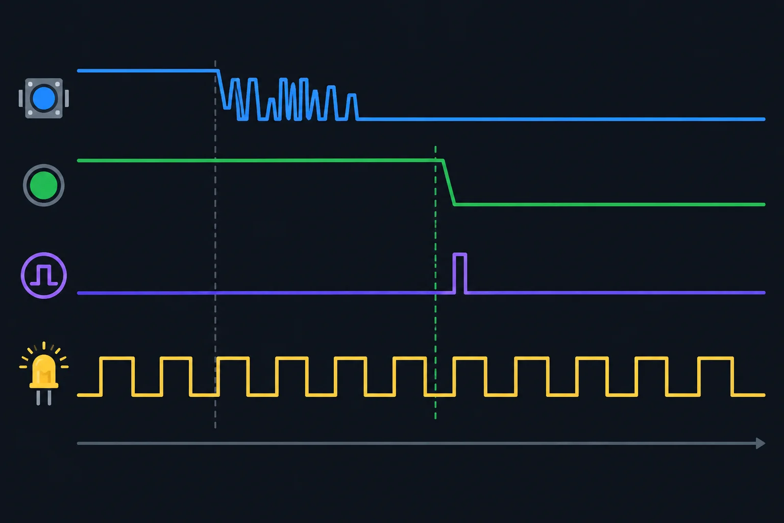 Diagrama temporal com leitura oscilante, estado estável confirmado depois, um pulso único de evento e uma onda periódica independente.
