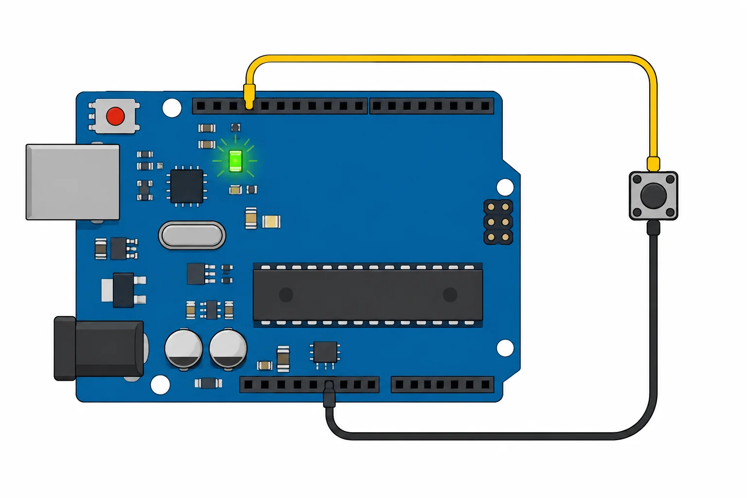 Esquema de um Arduino Uno R3 com botão ligado entre D2 e GND; o LED integrado da placa é a saída.