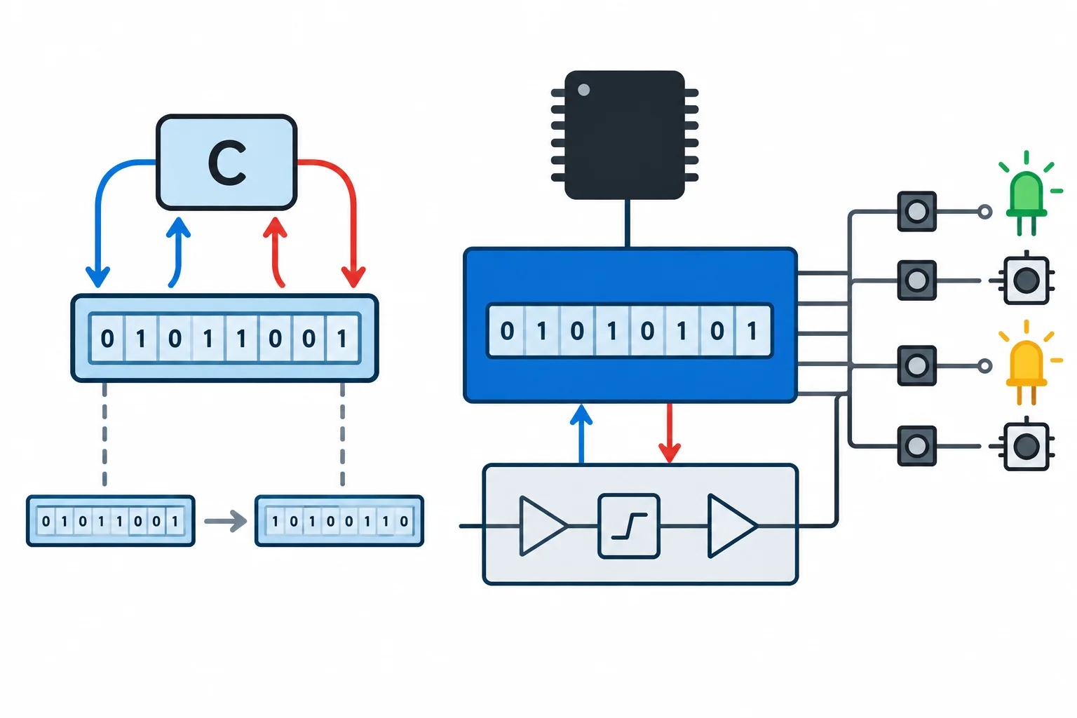 Diagrama comparando uma variável armazenada na memória com um registrador de periférico conectado aos circuitos e pinos de GPIO.