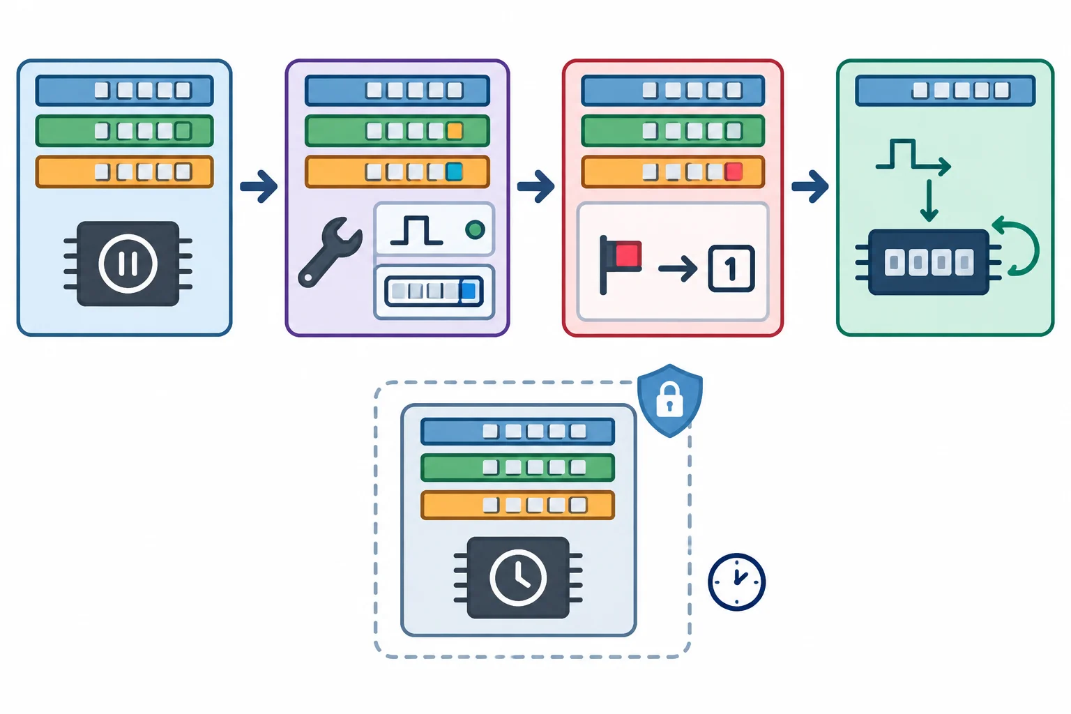 Diagrama da inicialização: Timer1 permanece parado durante a preparação e só recebe clock ao final; Timer0 fica separado e inalterado.