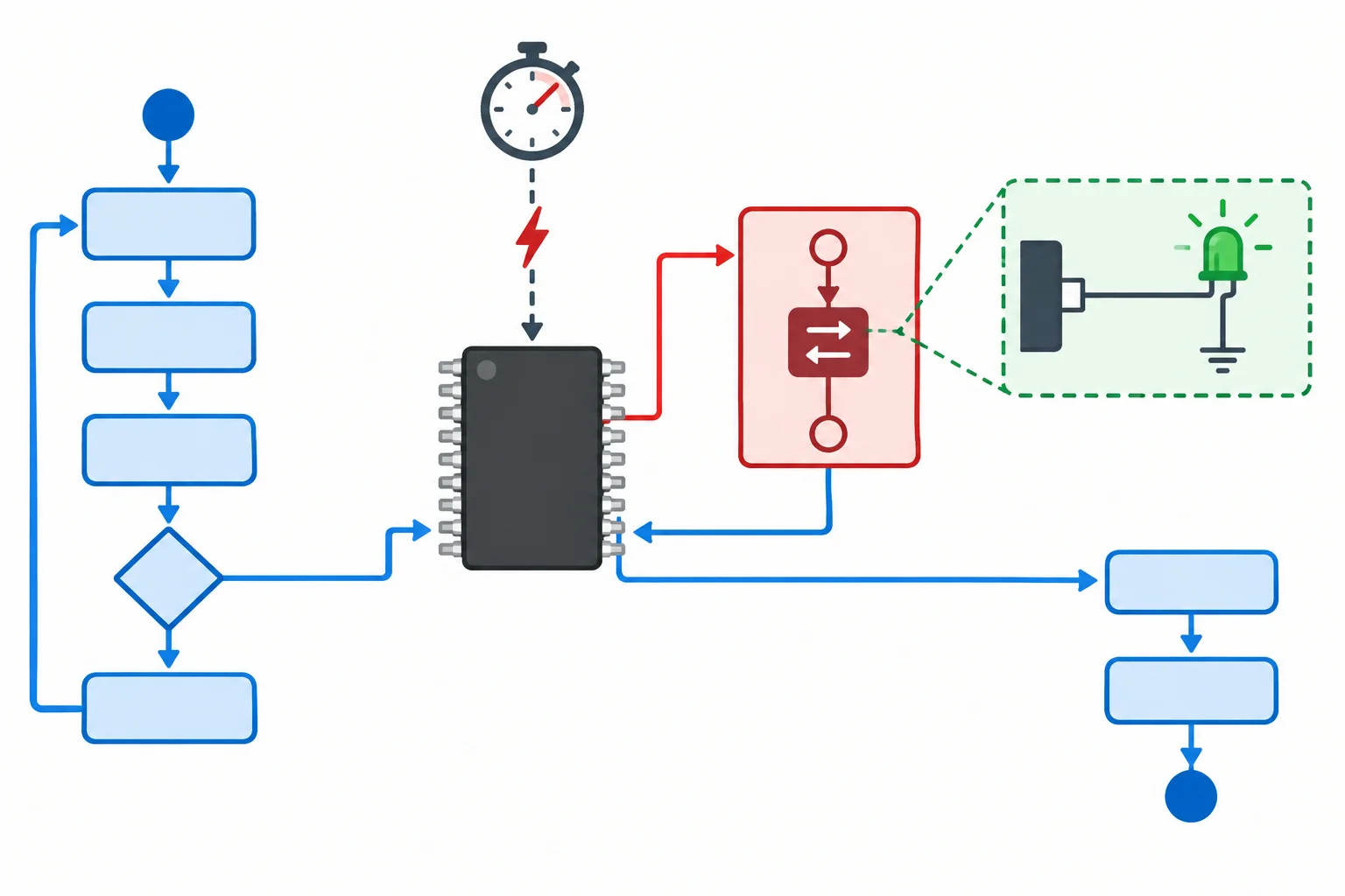 Diagrama mostrando o fluxo principal interrompido brevemente por uma ISR que alterna o LED de PB5 e depois retorna ao fluxo principal.