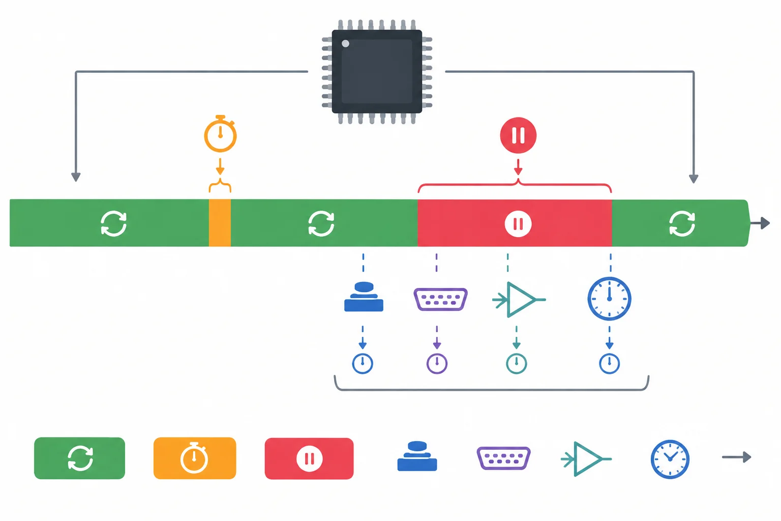 Linha do tempo que compara uma ISR curta, seguida de retorno rápido ao loop, com uma ISR longa durante a qual eventos do Timer0 e de outros periféricos aguardam atendimento.