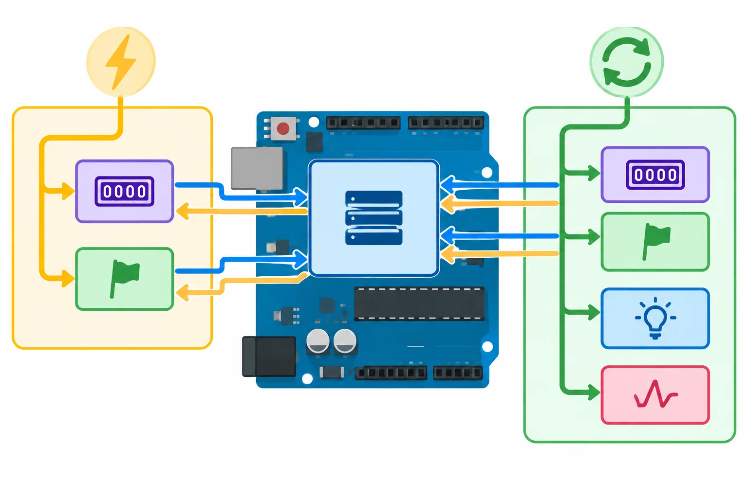 Diagrama com ISR e loop acessando o contador de eventos e a flag de atualização; somente o loop acessa estado do LED e amostra local.