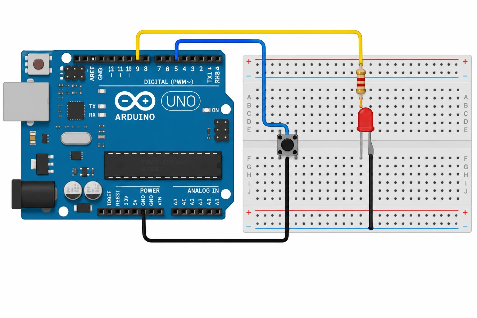 Diagrama da montagem: D3 segue por um resistor e pelo LED até GND; botão conecta D2 a GND.