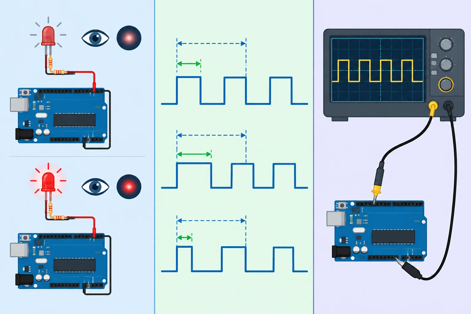Comparação entre observar o brilho do LED, calcular características do PWM e medir a forma de onda com osciloscópio.