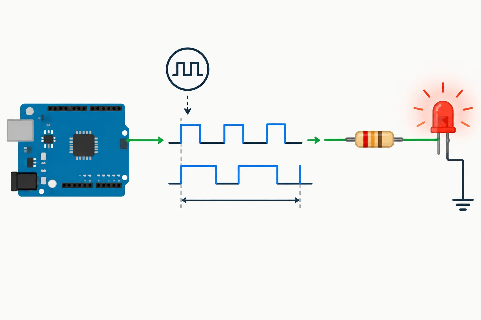Diagrama mostra que um comando maior aumenta a largura do nível alto e o tempo de condução do LED, enquanto o período e o resistor em série permanecem.