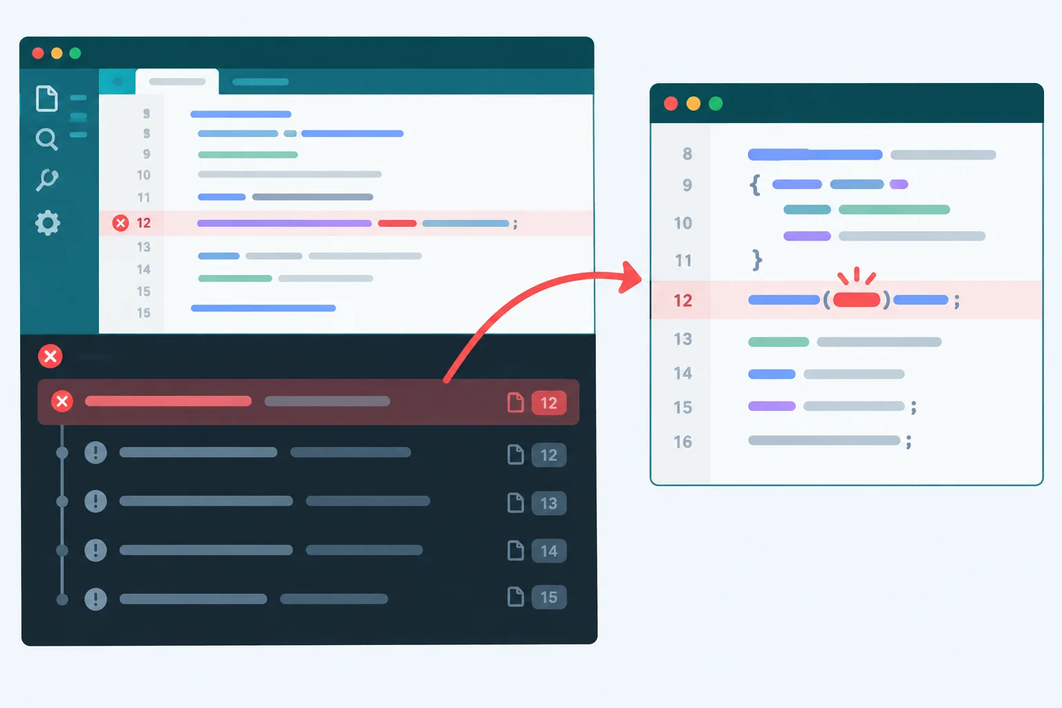 Diagrama com a primeira mensagem da IDE destacada e ligada a uma linha de código, enquanto mensagens posteriores aparecem esmaecidas.