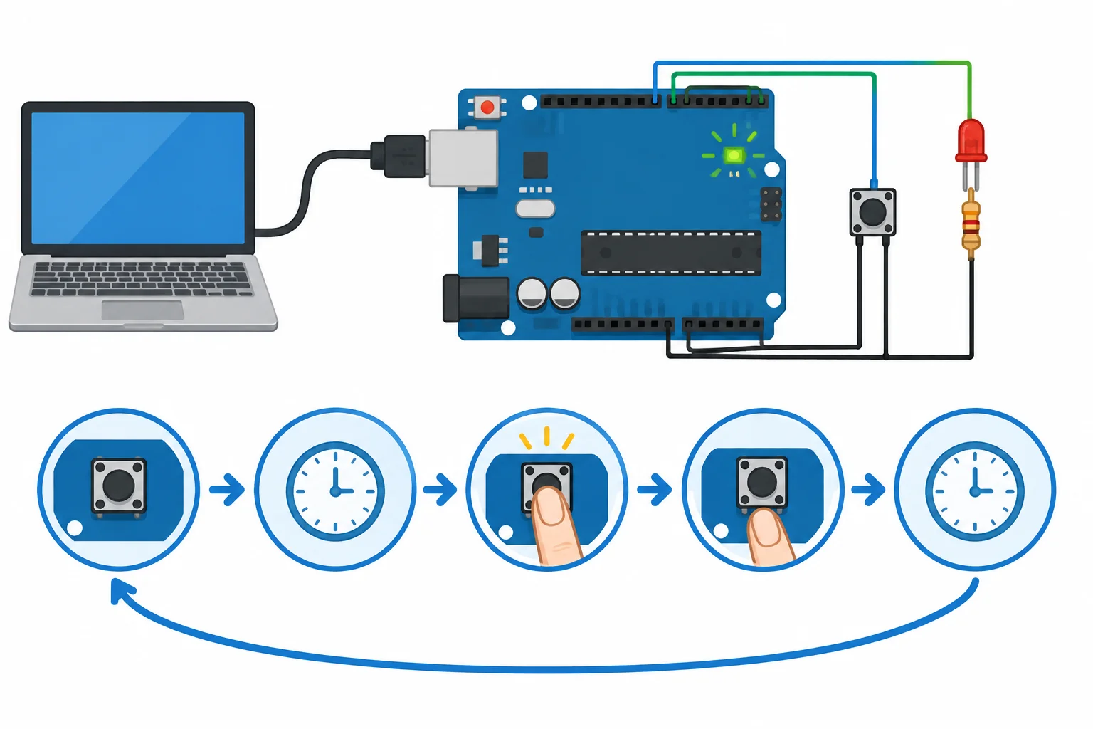 Diagrama de uma placa tipo Uno com botão em D2, LED externo em D3 e uma sequência visual de reset, espera, pressionamento e soltura.