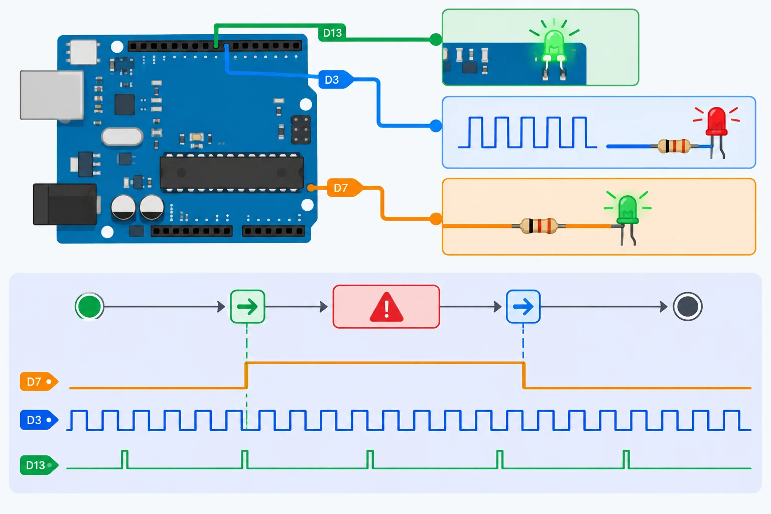 Diagrama de uma placa estilo Arduino com D13 para sinalização funcional, D3 para PWM e D7 ligado a um LED externo de diagnóstico por resistor.