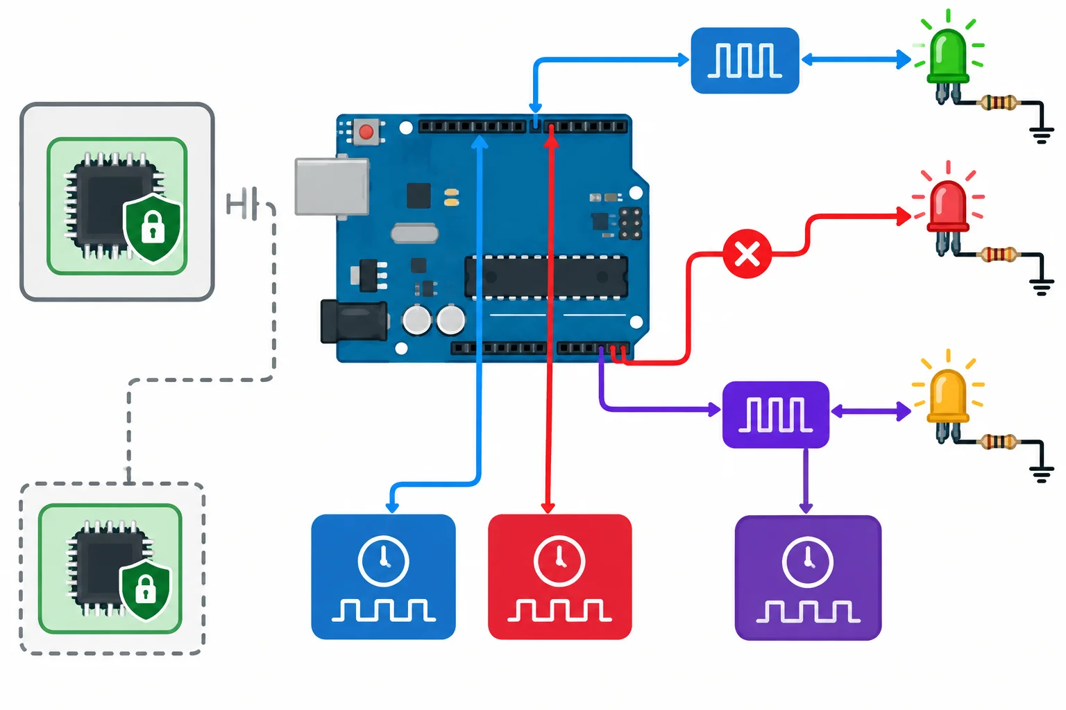 Diagrama separando Timer0, Timer1 em CTC para sinalização e Timer2 para PWM no D3, com um conflito destacado entre Timer1 e PWM no D9.