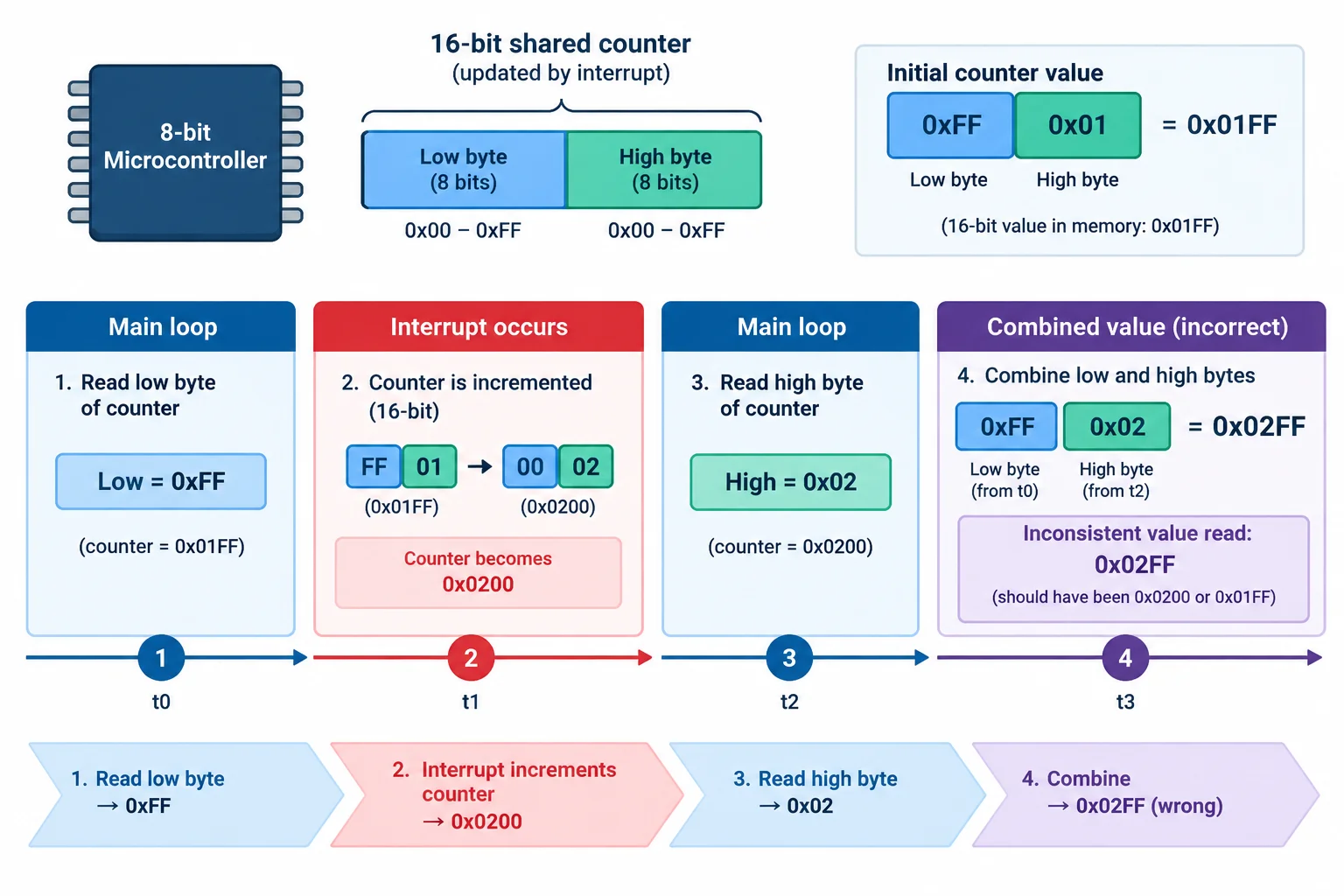 Diagrama de uma leitura de dois bytes interrompida por uma atualização da ISR.
