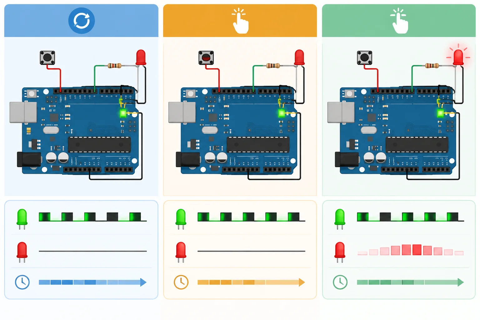 Diagrama de botão em D2, LED PWM em D3 e LED integrado em D13, com D13 alternando em toda a sequência e D3 mudando apenas após a soltura do botão.