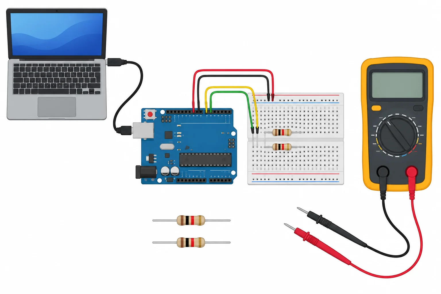 Uno conectado por USB, protoboard, dois resistores iguais, jumpers e um multímetro opcional.