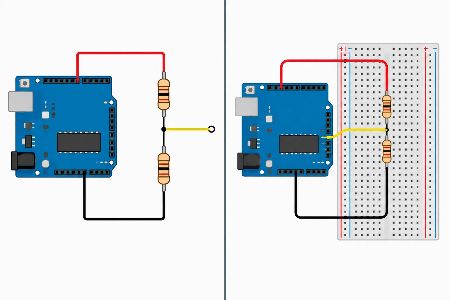 Esquema e montagem equivalente: dois resistores em série entre 5 V e GND, com o ponto central ligado a A0.