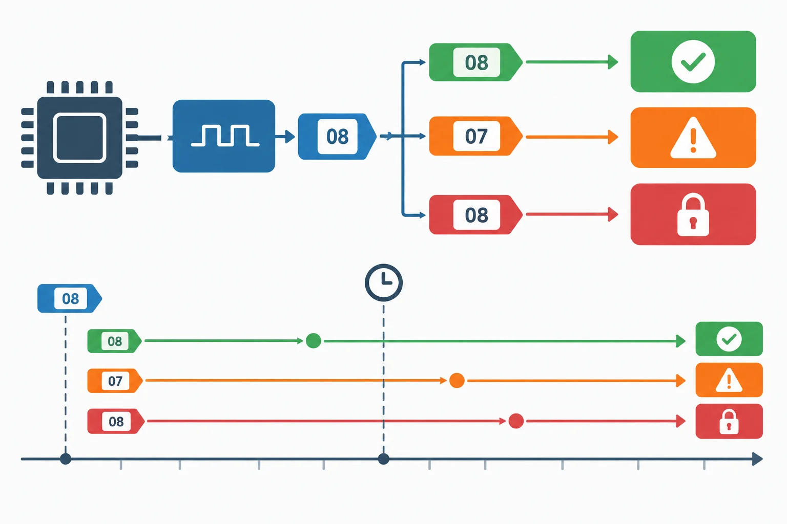 Diagrama mostra que uma resposta é aceita apenas se corresponder ao identificador esperado e chegar antes do prazo; respostas diferentes ou atrasadas não chegam ao sucesso.