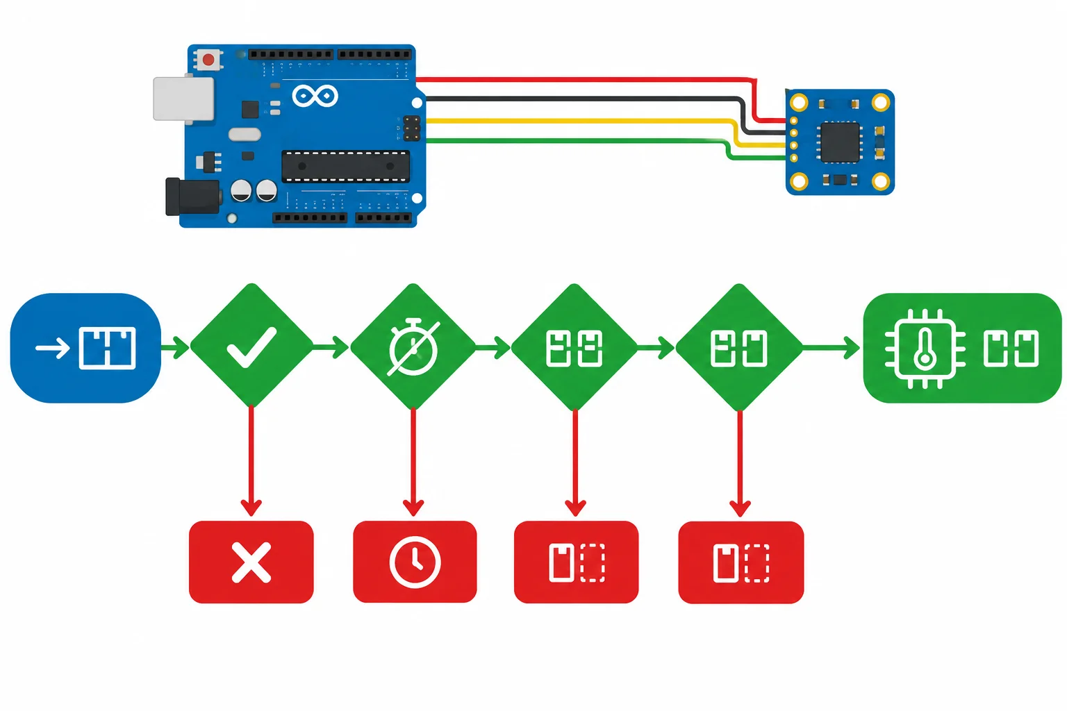 Fluxo visual no qual escrita bem-sucedida, ausência de timeout e dois bytes recebidos e disponíveis levam à aceitação; NACK, timeout e recebimento incompleto levam à rejeição.