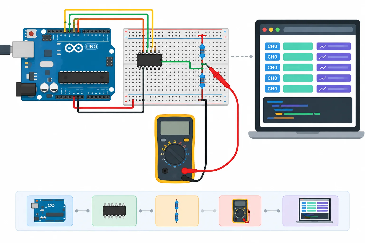 Esquema visual da comparação entre o divisor, o multímetro, o MCP3008 e os dados exibidos no monitor serial.