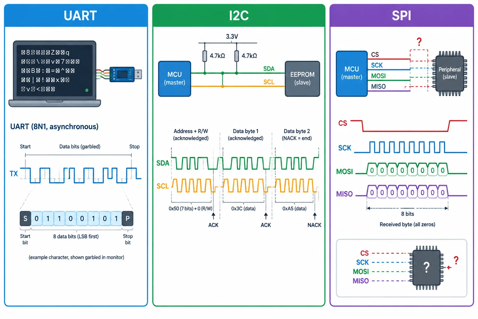 Comparação visual entre caracteres incoerentes em UART, uma leitura I2C normal de dois bytes e uma transferência SPI com bytes zero sem confirmação de periférico.