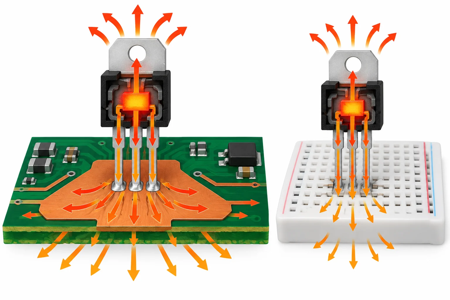 Diagrama do caminho térmico entre a junção interna do regulador, o encapsulamento, a placa e o ar, comparando uma placa com cobre amplo a uma protoboard.