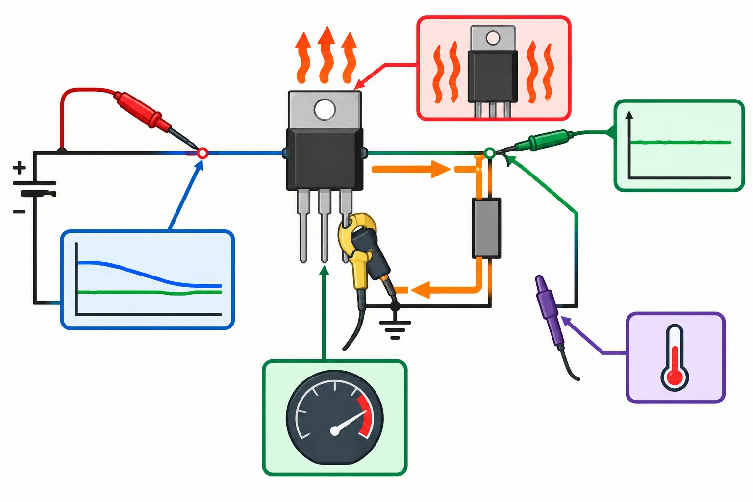 Diagrama de um regulador linear com medições na entrada, na saída, na corrente de carga e na condição térmica; três trajetos visuais representam dropout, excesso de corrente e aquecimento.