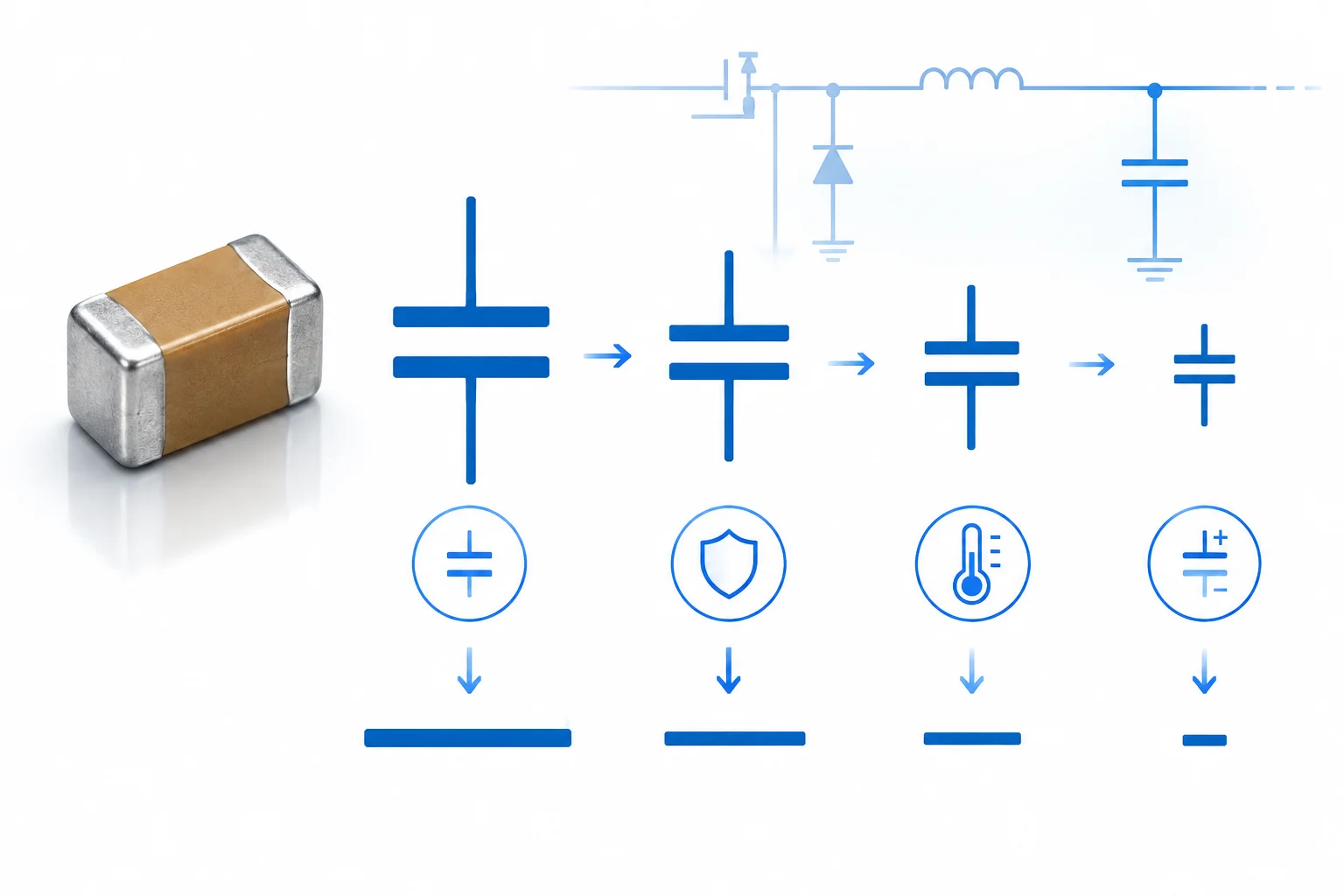 Esquema visual mostrando que tolerância, temperatura e polarização contínua podem reduzir a capacitância disponível de um capacitor cerâmico.