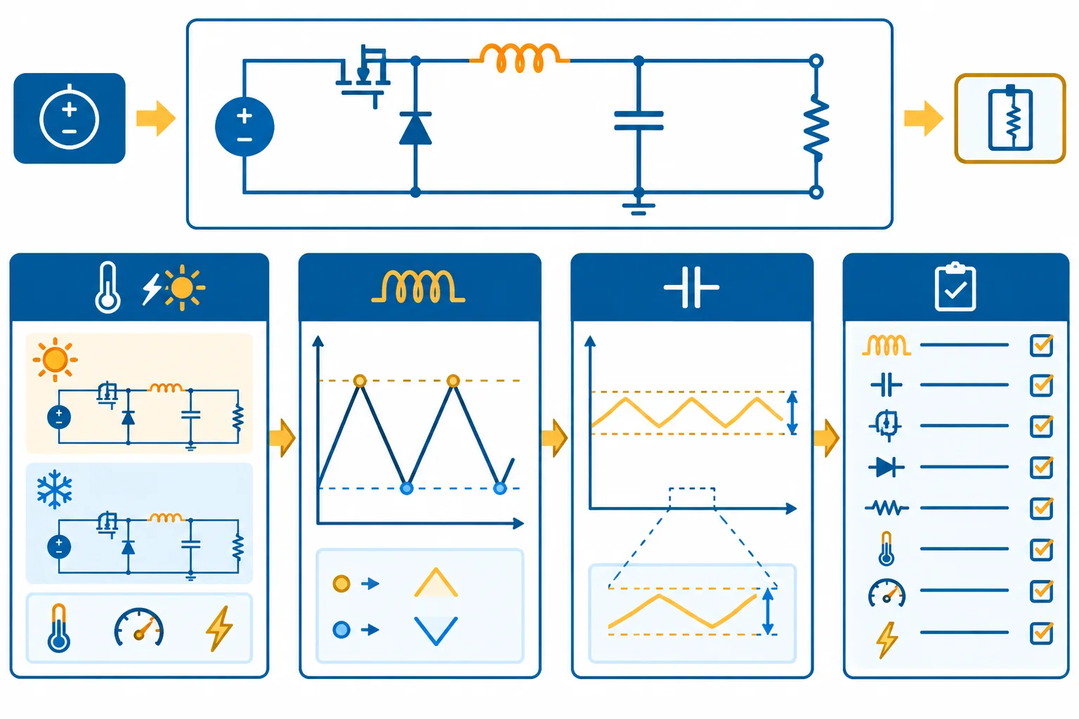 Diagrama de um buck ligando os extremos de operação às verificações de corrente do indutor, ondulação do capacitor e decisão de seleção.