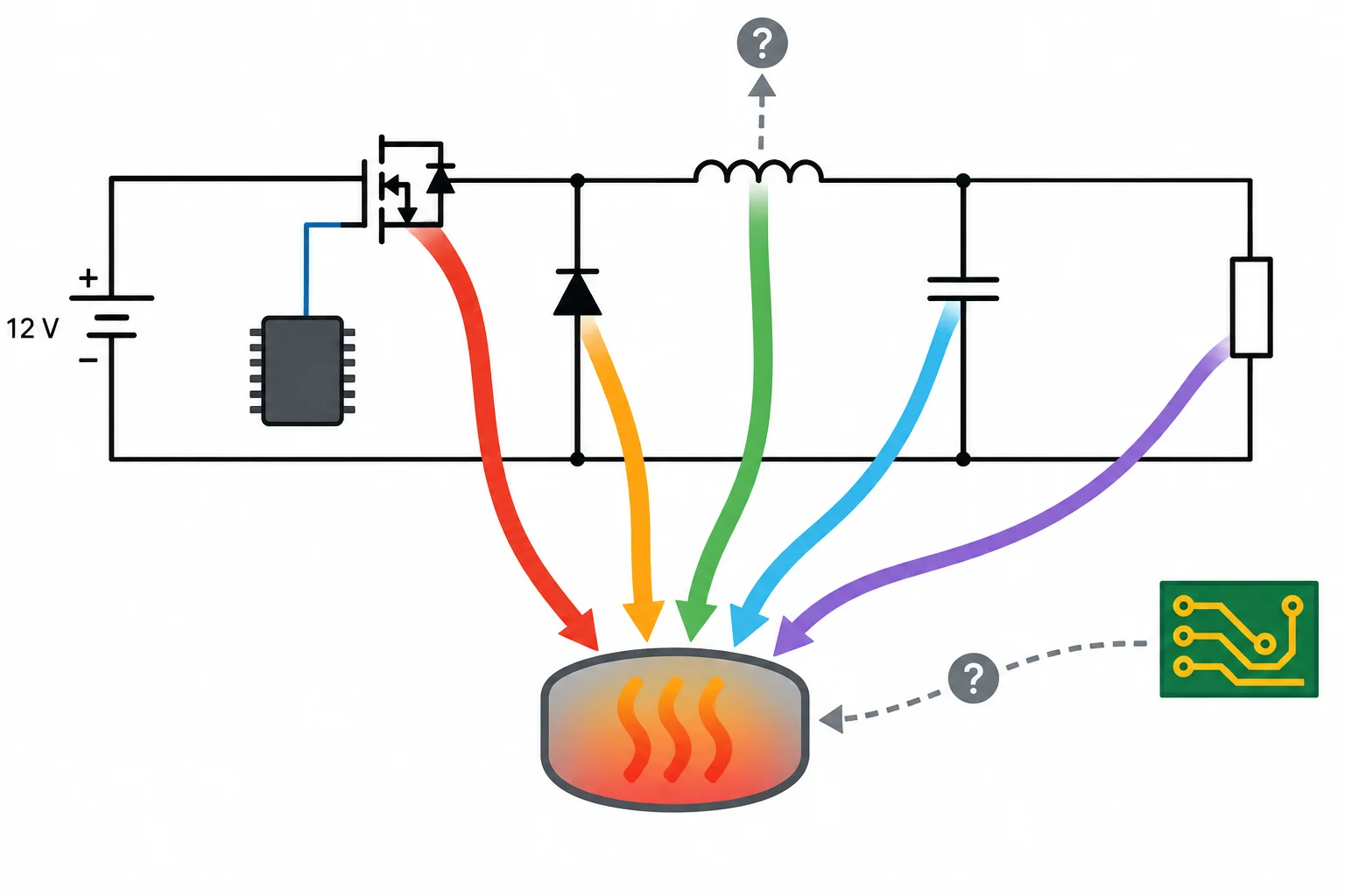 Diagrama de um buck com perdas modeladas em MOSFET, diodo, indutor, capacitor e controlador, além de perdas desconhecidas no núcleo do indutor e nas interconexões.
