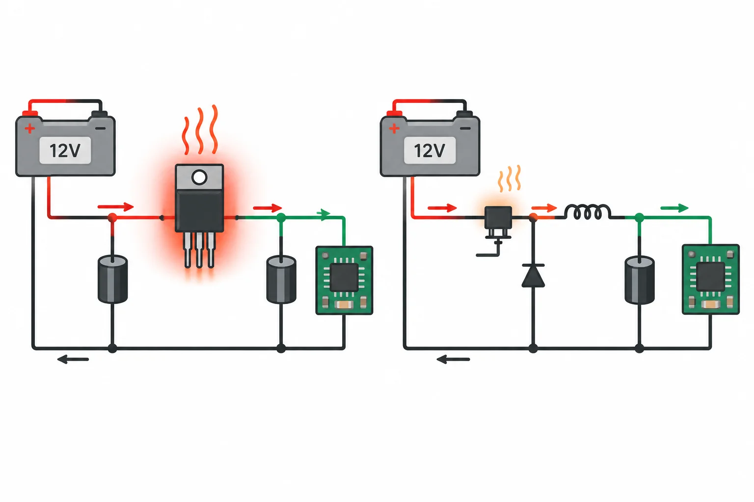 Comparação visual: regulador linear dissipa mais calor que um buck no mesmo exemplo de redução de 12 V para 5 V.