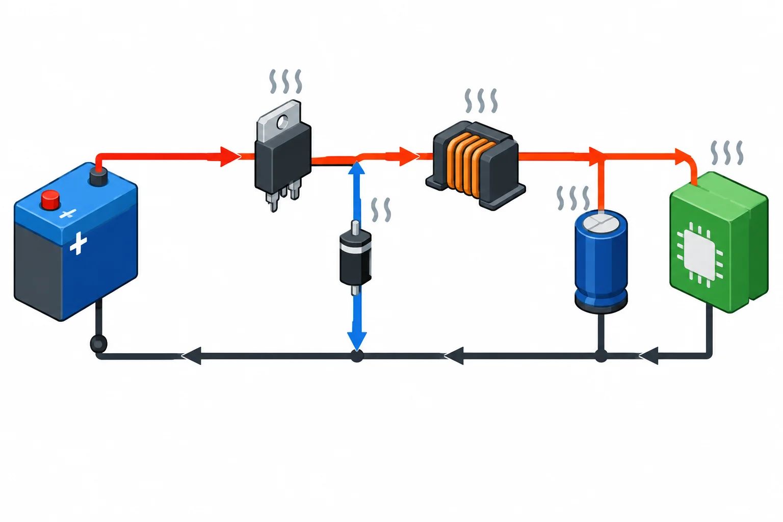 Diagrama de um buck não síncrono com MOSFET, diodo, indutor e capacitor entre a entrada de 12 V e a carga de 5 V.