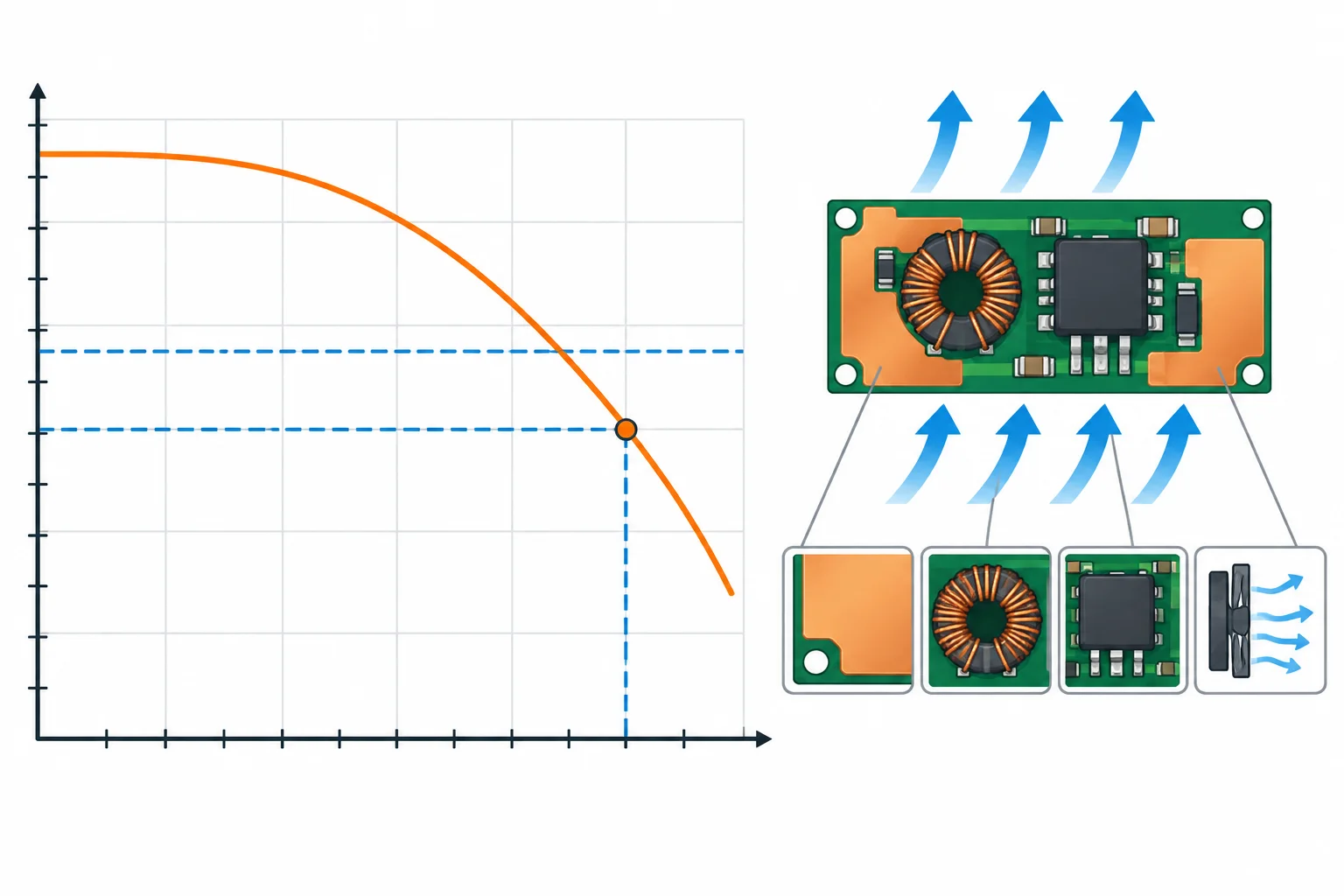 Curva de redução de corrente com a temperatura, mostrando que a capacidade contínua cai e depende da placa e da ventilação.