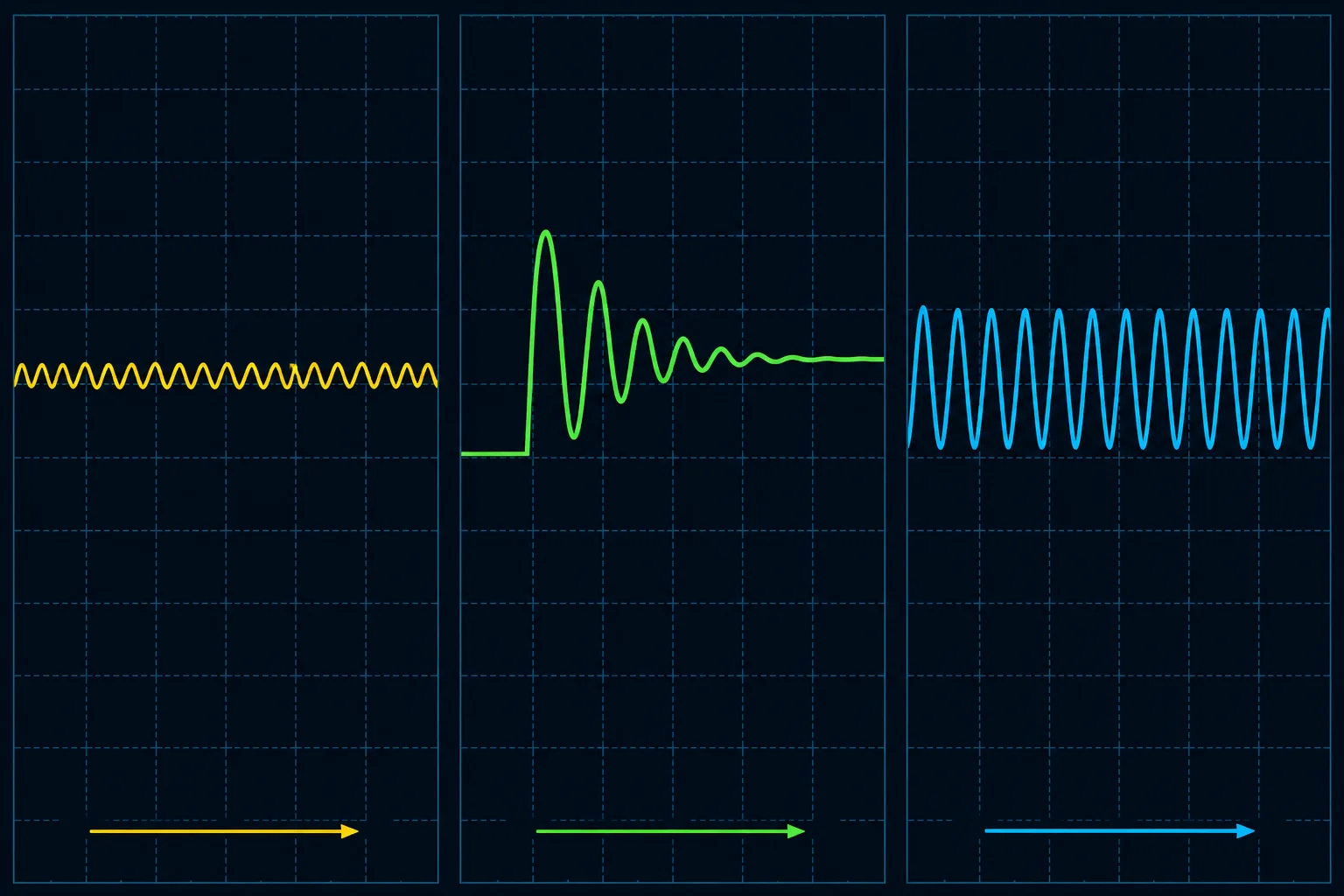 Diagrama com três traçados: pequena ondulação periódica, resposta oscilatória que diminui e oscilação que persiste.