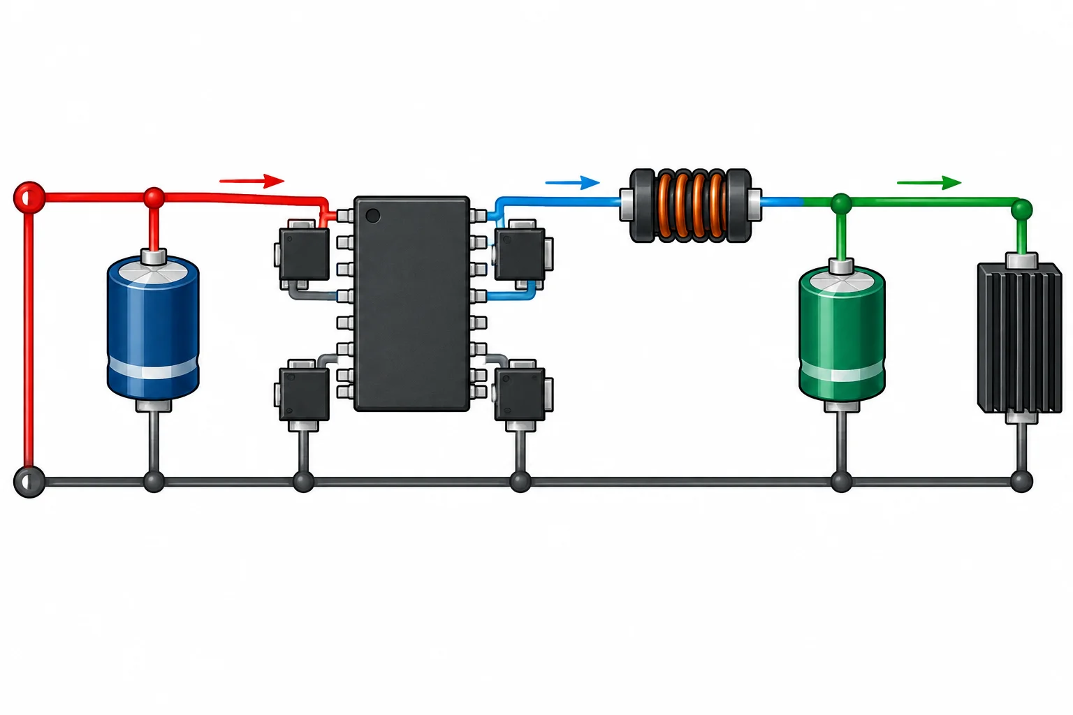 Diagrama de um buck com capacitor de entrada junto ao CI, indutor no caminho da saída e capacitor de saída junto à carga.