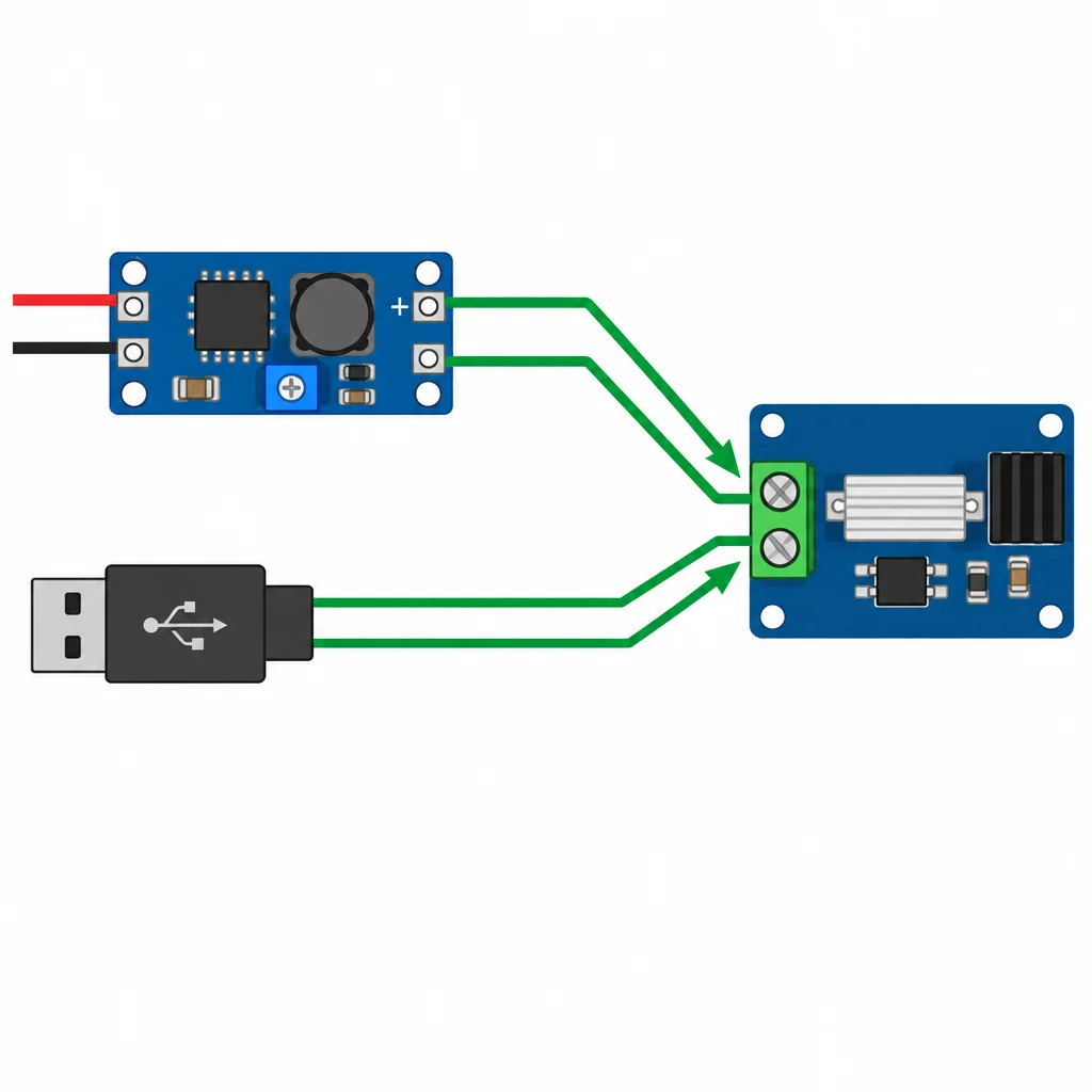 O módulo e uma conexão USB alimentam o mesmo trilho de 5 V.