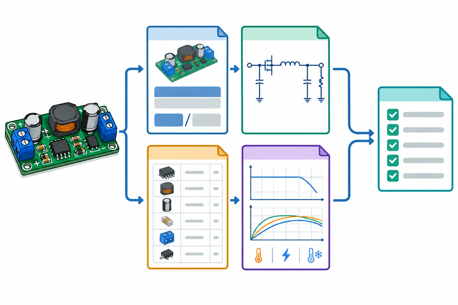 Diagrama mostrando que o modelo e a revisão de um módulo devem ser ligados ao esquema, aos componentes e às condições de operação declaradas.