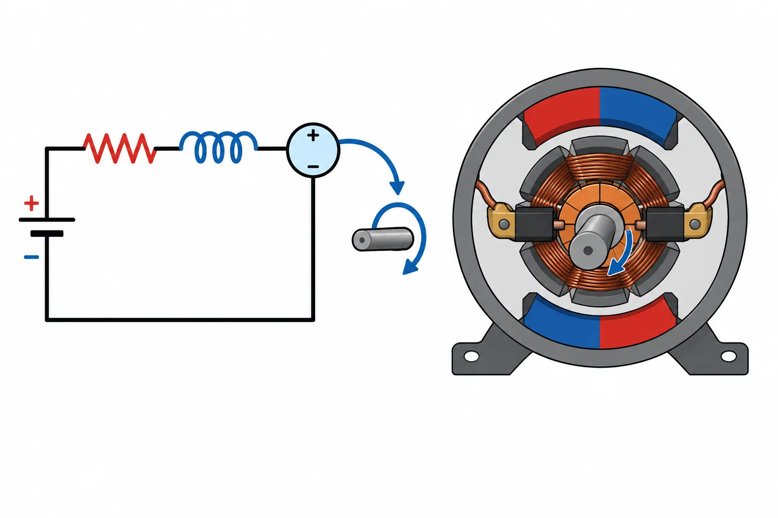 Diagrama do motor com resistência e indutância em série e uma fonte interna de força contraeletromotriz ligada à rotação do eixo.
