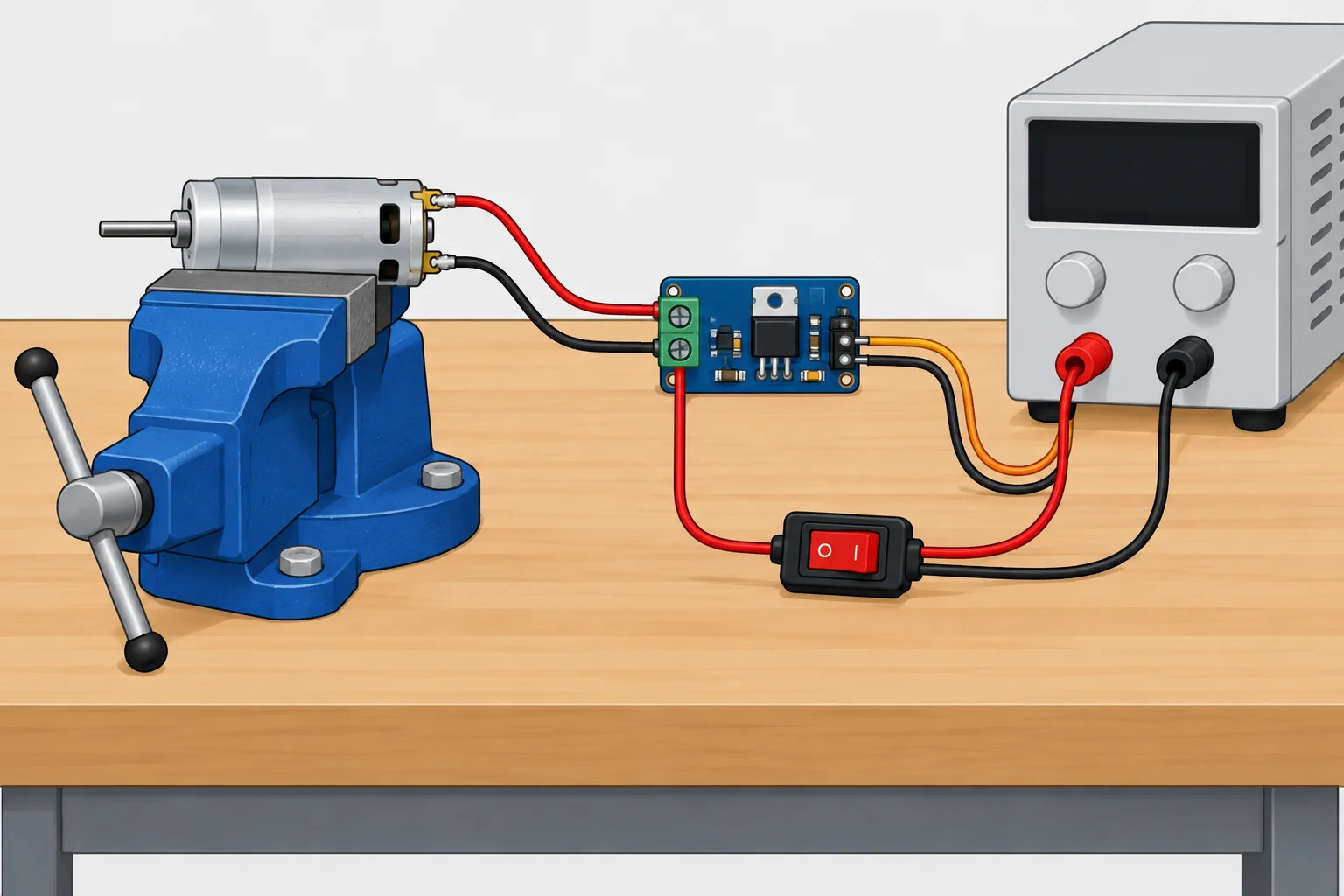 Motor pequeno fixado em uma bancada, com eixo livre, ligado a um estágio com MOSFET e a uma fonte CC isolada com corte de potência acessível.