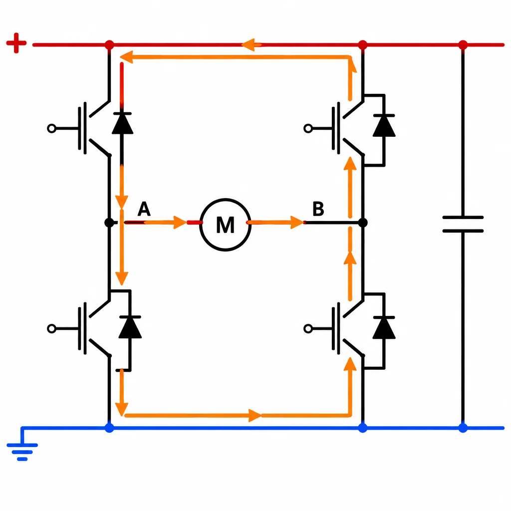 A → motor → B → D3 → barramento positivo → capacitor → 0 V → D2 → A
